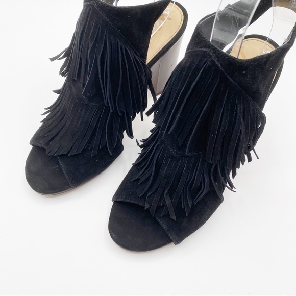 Sam Edelman Black Leather Fringe block heel sandals Size 6M - Picture 3 of 8